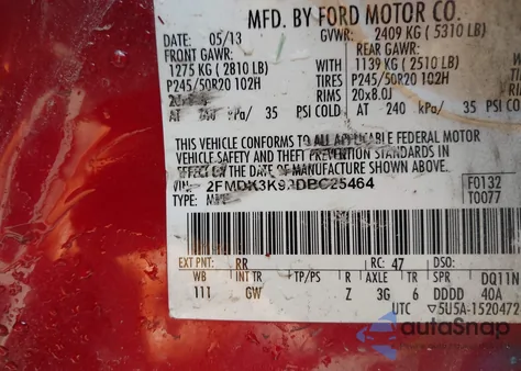 2013 Ford Edge Limited из США, поврежденный, VIN 2FMDK3K92DBC25464